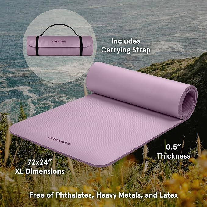 Retrospec Solana Yoga Mat Thick 1/2in Non-Slip Workout Mat with Nylon Strap - 72x24in Exercise Mat for Pilates, Stretching & Fitness - BPA Free, Easy Clean