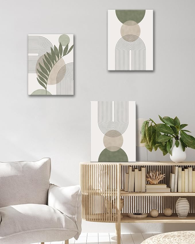 HesenDot 40x60CM Sage Green Boho Wall Art, Botanical Geometric Framed Canvas Bathroom Wall Art, Mid-Century Modern Wood Frame Abstract Prints for Living Room Bedroom Bathroom Home Decor, Set of 3