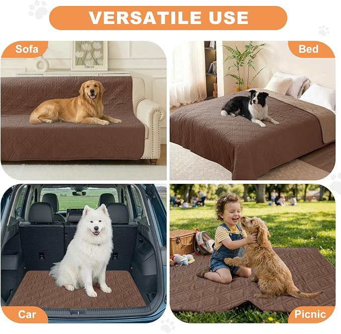 100% Waterproof Washable Dog Blanket, Dark Brown+Taupe, 52"x82" | 7-Layer Reversible Couch Covers for Dogs Met for Sofa Furniture Car Camping