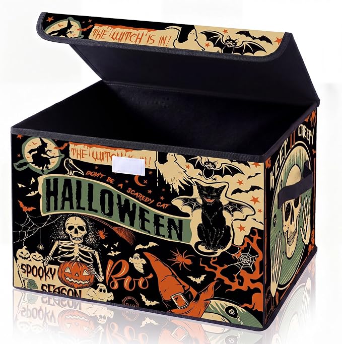 Briwooody Halloween Storage Bin with Lid and Carrying Handle Vintage Halloween Gothic Pumpkin Foldable Storage Box Large Bat Cat Decorative Collapsible Container Basket for Closet Home Bedroom Gift