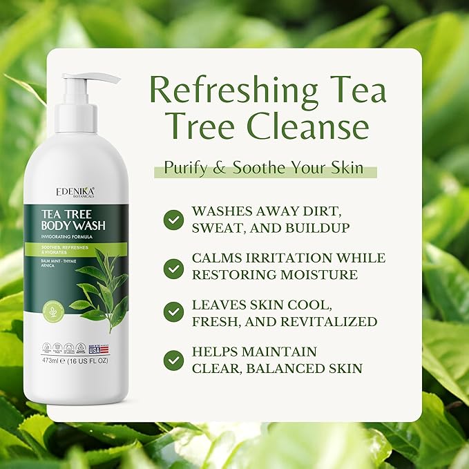 EDENIKA BOTANICALS Tea Tree Body Wash (16 fl oz) Natural Antifungal Support Wash for Athlete’s Foot, Ringworm & Jock Itch, Refreshes & Soothes, Organic Tea Tree Oil, Men & Women