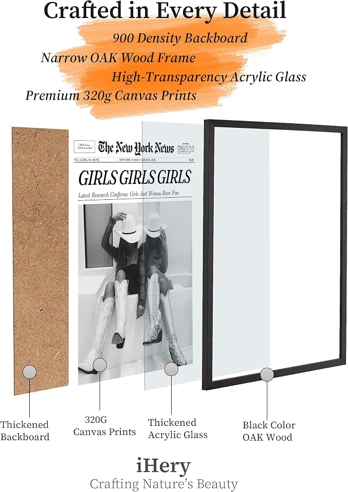 iHery 8x10in Girls Just Wanna Have Fun Framed Newspaper Wall Art | Premium Black Natural OAK Wood Frame with Canvas Print, Western Cowgirl Decor for Bedroom, Dorm Bar Cart, 1Pack