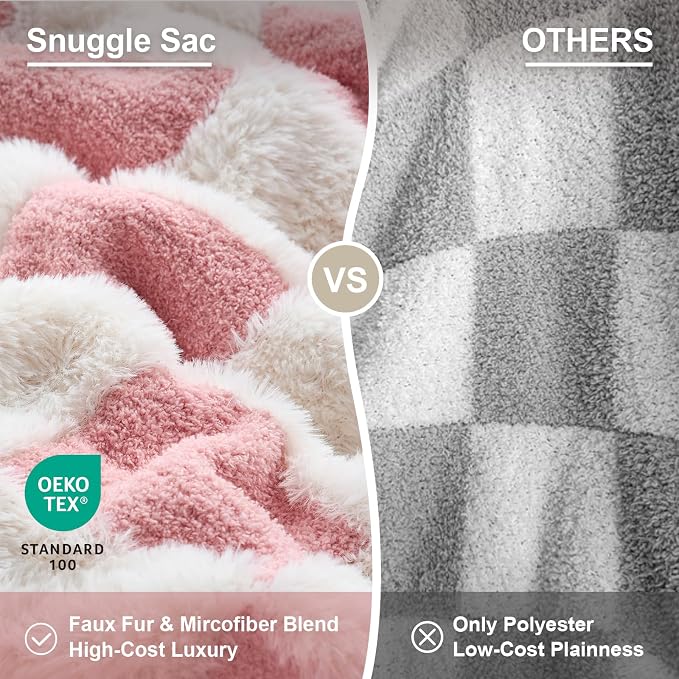 Snuggle Sac Checkered Throw Blanket Faux Fur Microfiber Blankets for Couch,Cozy Soft Warm Blanket for Sofa Bedroom Living Room,Pink Checker,60x80 inches