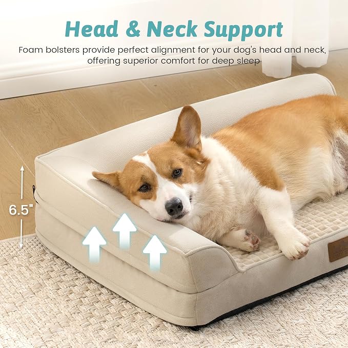 COZY KISS Orthopedic Dog Bed for Large Sized Dogs, L Shaped 36x27 inch | Non-Slip Bottom Soft Pet Sofa with Washable Removable Waterproof Cover, Egg-Crate Foam Couch with Portable Handle, Beige