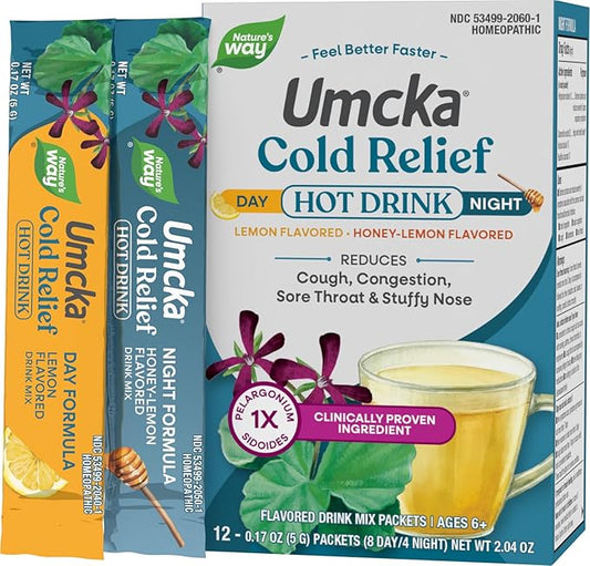 Nature's Way Umcka Cold Relief Hot Drink, Homeopathic, Clinically Proven Pelargonium Sidoides 1X, for Cough, Congestion, Sore Throat, Stuffy Nose, Day & Night Formula, 12 Packets (Packaging May Vary)