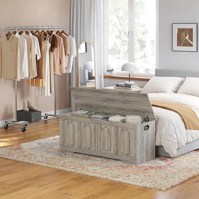 Storage Chest, Wooden Toy Box, Gray Wash 47.2" L | Entryway Shoe Bench, 2 Soft-close Hinges, Finger-safe Flip-Top Lid, Easy Assembly, Farmhouse Large Trunk, Living Room/Bedroom