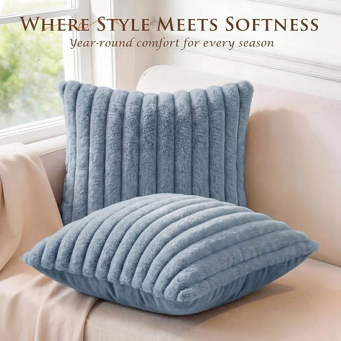 Pack of 2 Throw Pillow Covers 20x12 Decorative Solid Plush Faux Fur with Soft Velvet Back, Square Striped Cushion Cases Modern Farmhouse Home Decor for Living Room Couch Sofa Bed Serene Blue