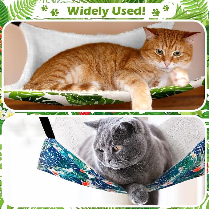 Jetec 2 Pack Cat Hammock for Cage, Monstera Leaf, L | Catio Accessories, Reversible Soft Cats Bed, Adjustable Straps and Hooks, Double-sided Linen, Fleece Hanging Hammock for Cats