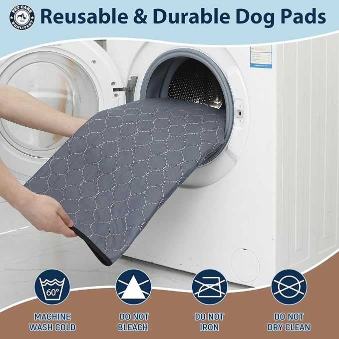 Bunlitent Washable Pee Pads for Dogs 34 x 36, 3 Pack, Reusable Puppy Pads | Grey, Reusable, Fast Absorbent, Waterproof, Non-Slip, For Whelping, Training, Incontinence, For Dog Playpen, Crate, Car