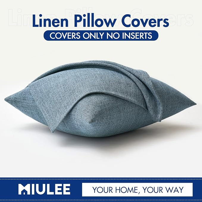 MIULEE Pack of 2 Decorative Linen Burlap Coastal Pillow Covers Farmhouse Accent Pillowcases for Sofa Car Couch Bedroom Living Room Decor 18x18 Inch Dusty Blue