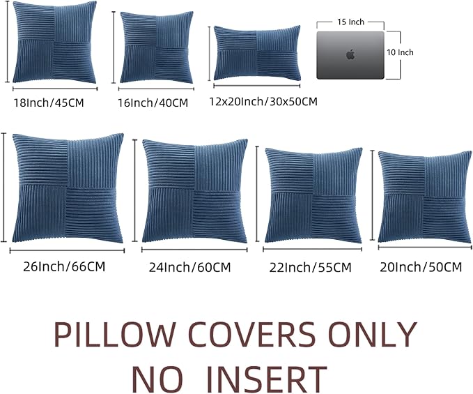 Fancy Homi Dusty Blue Decorative Throw Pillow Covers 22x22 Inch for Living Room Couch Bed Sofa, Farmhouse Boho Home Decor, Soft Corss Corduroy Patchwork Accent Square Cushion Case 55x55 cm