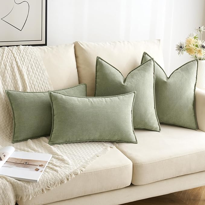 MIULEE Pack of 2 Sage Green Decorative Lumbar Chenille Pillow Covers 12x20 | Soft Couch Throw Pillows,Farmhouse Cushion Covers with Elegant Design for Sofa,Bedroom,Living Room,Spring Home Decor