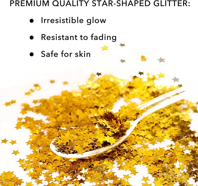 Nail Glitter - Gold Stars Chunky Glitter in Jar - 2,5 Oz Christmas Glitter for Crafts - Golden Glitter for Slime - Face Glitter - Candle Glitter - Body Glitter