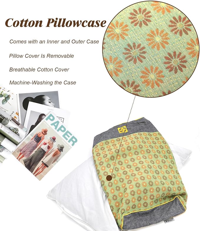 Buckwheat Pillow Cube for Side Sleepers, Pain Relief for Neck Support Adjustable Cervical Pillows, Included Floral Pattern Square Pillow (18x10 Inch, Lemon Yellow)