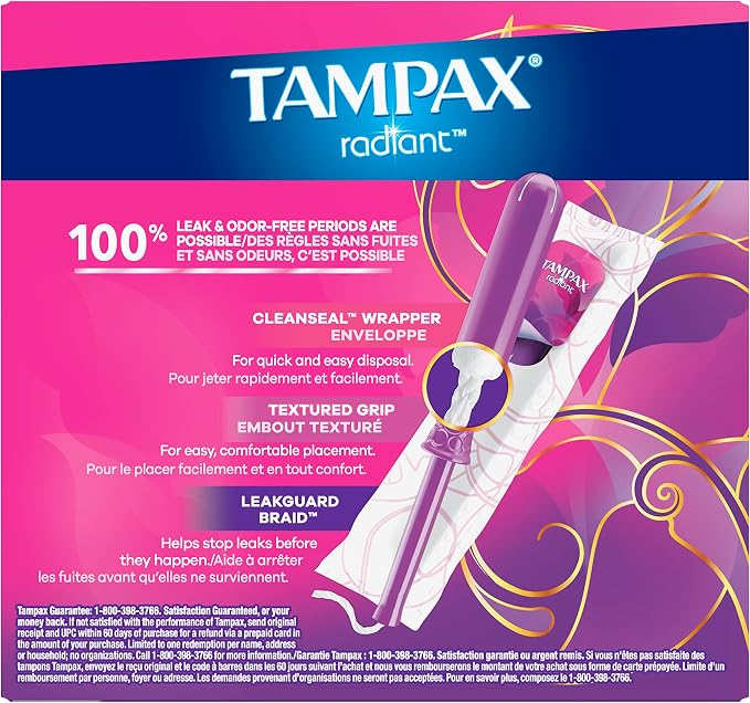 Tampax Radiant Tampons, Super Absorbency, with Leakguard Braid, Unscented, 28 Count (Pack of 2)