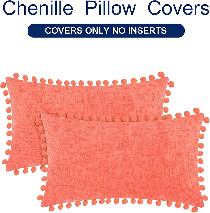 CaliTime Decorative Couch Throw Pillow Covers 20 X 12 Inches Living Coral | Pack of 2, Cozy Chenille Cushion Cases, with Pom Poms for Sofa Bed Living Room Farmhouse Home