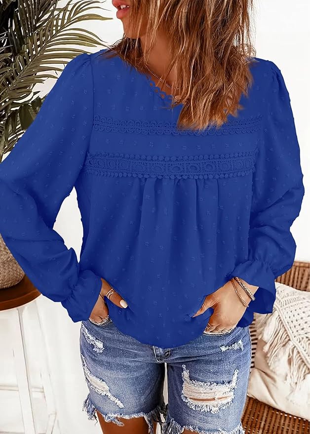 Womens Boho Tops Long Sleeve Shirts For Women Cute Crewneck Blouse Dressy Casual Swiss Dot Crochet Hollow Top 2026