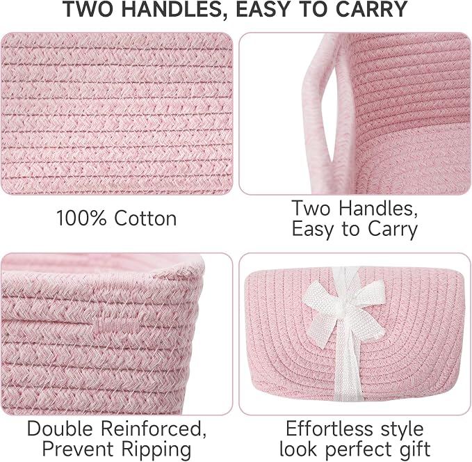3 Pack Storage Baskets for Organizing, 13.7×9.5×6.3", Mixed Pink | Woven Baskets for Shelves, Cotton Rope Basket for Gifts Empty, Closet Organizer Bins with Handles, Cube Decorative Box