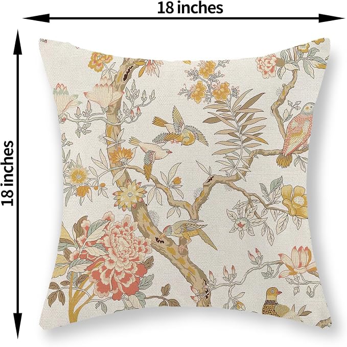 Chinoiserie Pillow Covers 18x18 Set of 2 Yellow Floral Bird Throw Pillows Green Vintage Flowers Bird Decorative Pillowcase Outdoor Chinoiserie Decoration Farmhouse Cushion Case for Couch Home