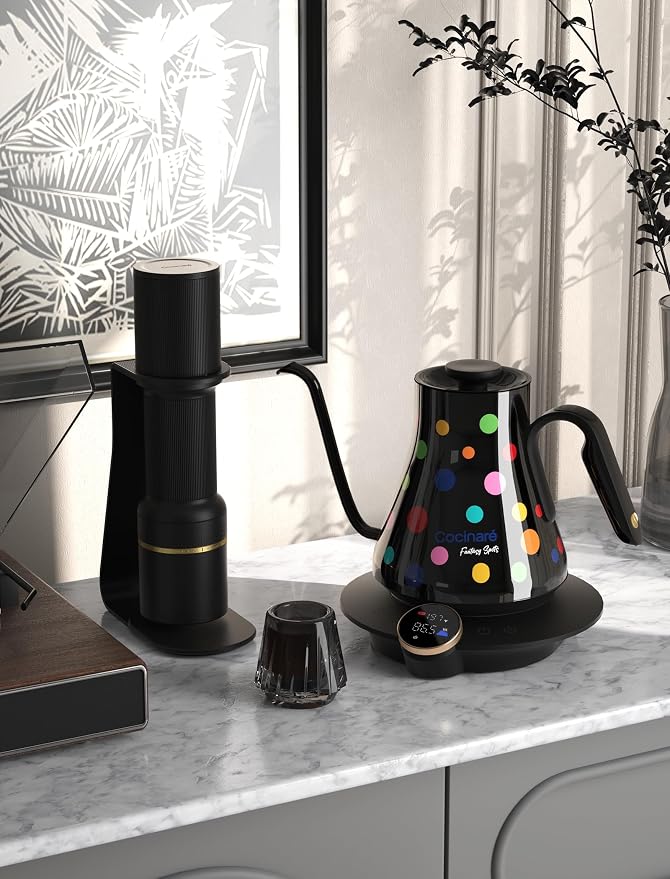 Cocinare Artisan Collection Gooseneck Electric Kettle, ±0.5℉ Precise Temperature Control for Pour-Over Coffee & Tea, Quick Heating 1500W, Stainless Steel Interior, 0.9L (Confetti)