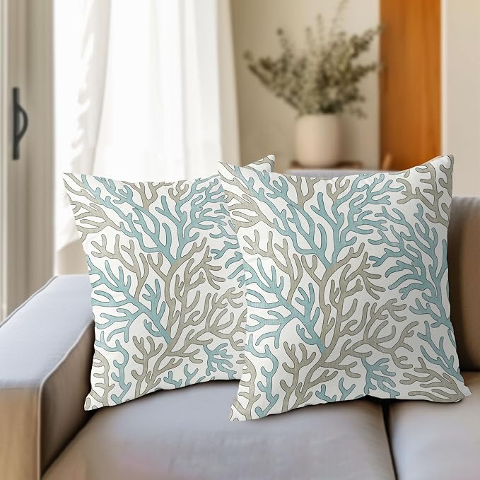 Nautical Coastal Coral Teal Tan White Pillow Covers 22x22 Inch Set of 2 Brown Summer Ocean Themed Beach Pillow Cases Outdoor Linen Square Cushion Cover Farmhouse Decor for Bedroom Home Sofa Couch Bed