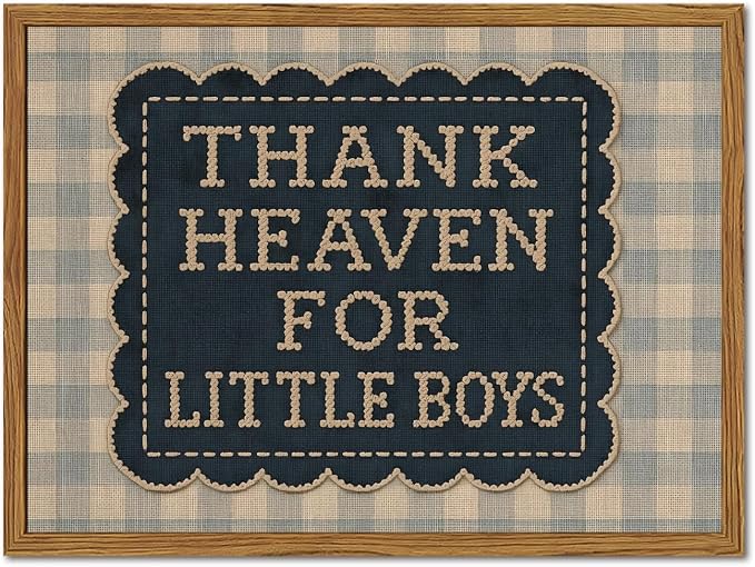 Framed Thank Heaven for Little Boys Wall Art, Baby Boy Nursery Wall Decor, Vintage Blue Gingham Inspirational Quote Paintings Canvas Prints Pictures for Toddler Kids Bedroom 12x16 inch