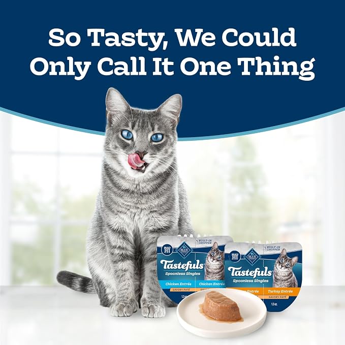 Blue Buffalo Tastefuls Variety Pack Spoonless Singles, 2.6 oz, 12 ct | Paté Spoonless Single Wet Cat Food Variety Pack, Cuts in Gravy, Chicken/Turkey Entrées (6 of Each), Twin-Pack Trays