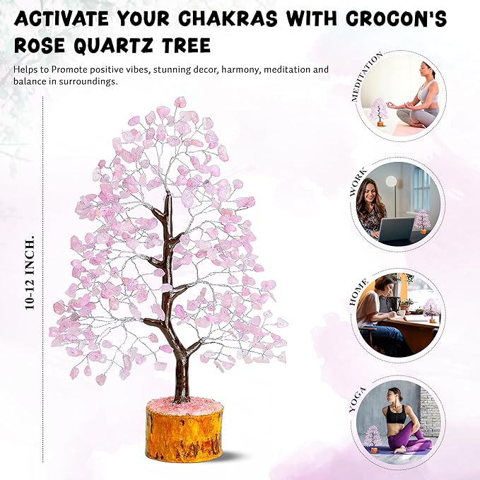 Crocon Rose Quartz Crystal Tree Home Decor and Pink Valentine's Day Gift Healing Crystals Chakra Tree of Life Birthday Gifts for Women Mom Her Sister House Warming Gifts New Home Spiritual Presents