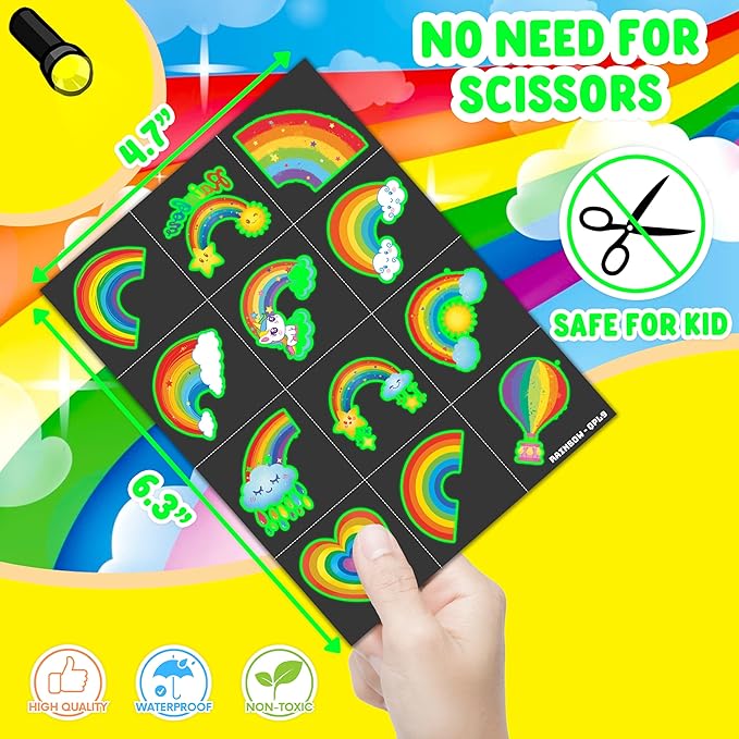 96 PCS Rainbow Pastel Rainbow Pre-Cut Luminous Glow in the dark Temporary Tattoos for Kids | Super Cute Themed Birthday Party Favors Supplies Decorations, Fake Tattoo Stickers Gifts for Boys Girls
