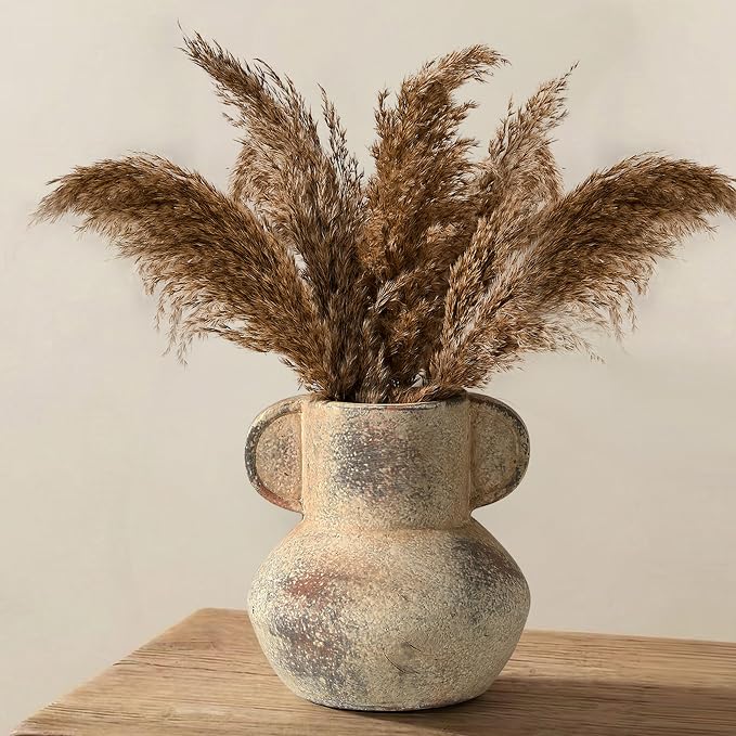 Emotionally Grounded Vase, Vaseking Ceramic Rustic Vase with 2 Handles, 6.1 inch Minimalist Decorative Farmhouse Vases for Home Decor, Living Room, Enterway, Table Decoration, Fired Terra Clay