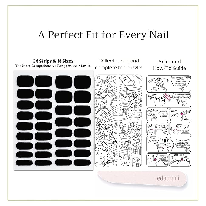 34 Piece Fully Cured Gel Nail Strips With No UV Light Needed, 14+ Days Gel Nail Polish Stickers, Salon Quality, Easy to Apply & Remove – Toxin Free, No Damage (Onyx Noir)