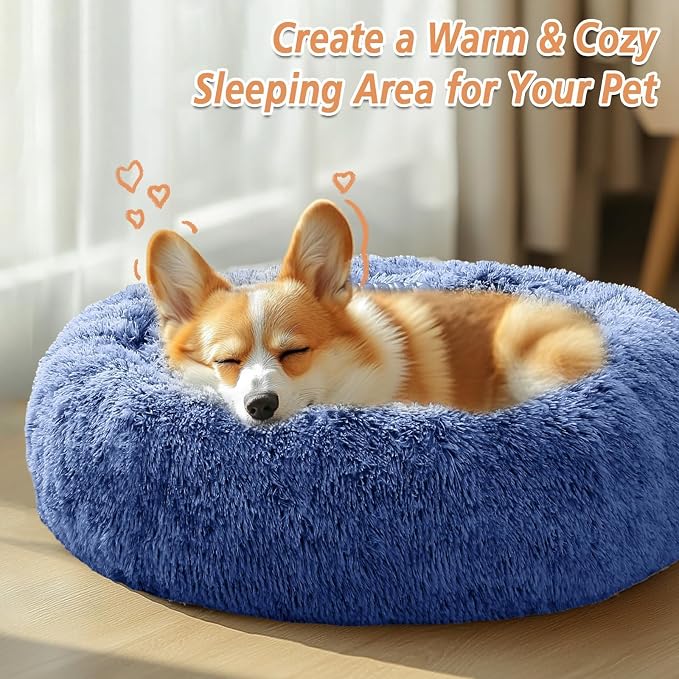JOLLYVOGUE Calming Dog Beds Large Sized Dog, 36in Donut Washable Large Pet Bed, Anti-Slip & Anti-Anxiety Fluffy Faux Fur Round Dogs Bed, Fits up to 80 lbs Pets (Navy Blue)