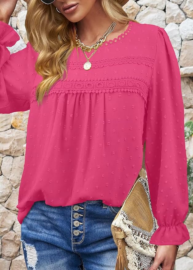 Womens Boho Tops Long Sleeve Shirts For Women Cute Crewneck Blouse Dressy Casual Swiss Dot Crochet Hollow Top 2026