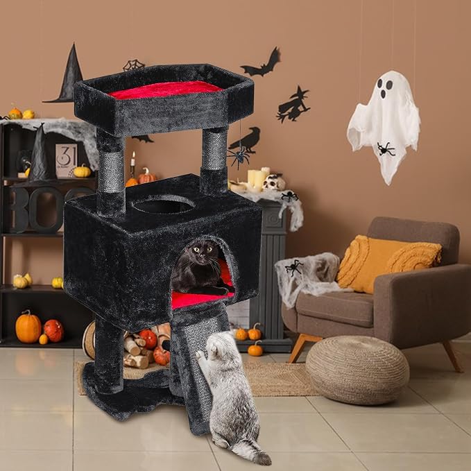 BEWISHOME Cat Tree Tower for Indoor Cats, Gothic Cat Trees with Coffin Bed | Goth Cat Tree/Condo/House with Scratching Posts, Cat Shelves with Spider Toy, Pet Play Activity Center Black with Red MMJ95R