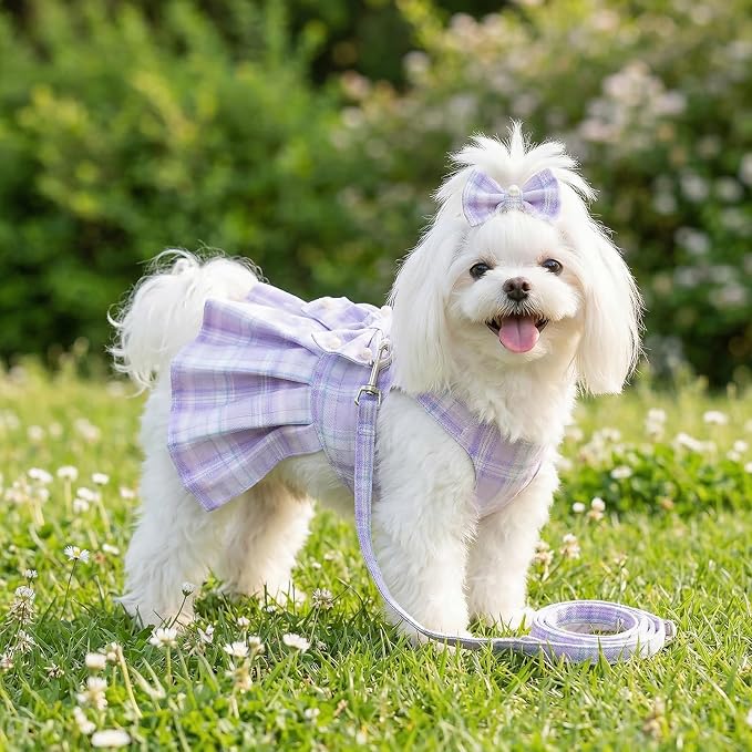 Cute Plaid Dog Dress Clothes for Small Dogs Cats Girl Purple Plaid Dog Dress with Pearls Bow Tie Harness Leash for Spring Summer Birthday Puppy Bunny Rabbit Yorkies Chihuahua Outfits