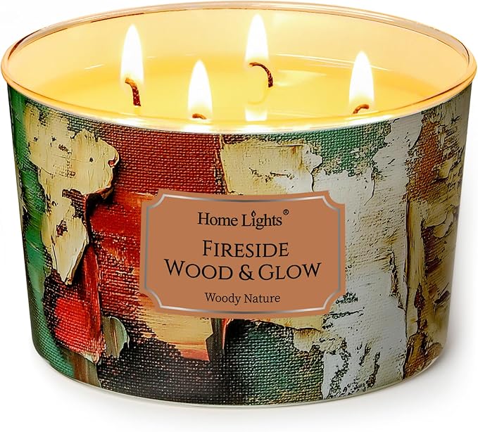 HomeLights 4-Wick Candles for Home Scented - 18oz Soy Wax Blend Candle Long-Lasting Fragrance, Industrial Chic Home Decor and Housewarming Gifts, Fireside Wood & Glow