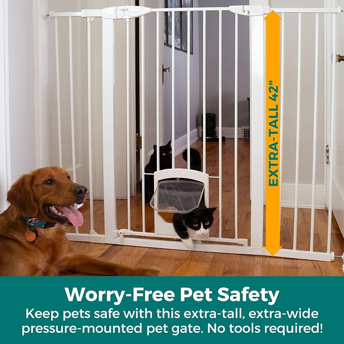 MYPET Extra Tall & Wide Petgate Passage - Metal Pressure Mount Gate with Small Pet Door; 29.75"-52" Wide with Extensions 42" Tall in White