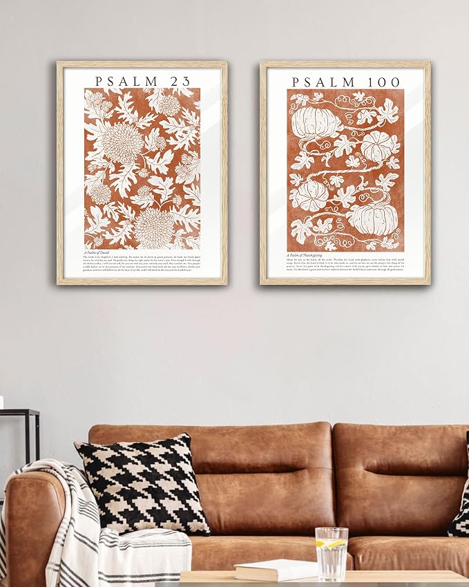 EcoHest 16x20in Psalm 100 Pumpkin Thanksgiving Botanical Christian Wall Art | Solid Oak Wood Frame with Canvas Wall Art, Fall Scripture Bible Verse Decor for Bedroom, Living Room, Office, Church, 1Pack