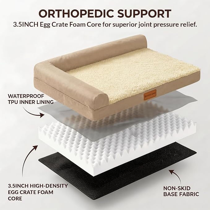 Patas Lague Orthopedic Large Dog Bed Washable Pet Sofa Bed 56''X40''Beige | 2-Sided Bolster Egg-Crate Foam Dog Couch Large Sized Dogs, Waterproof Removable Washable Cover, Nonskid Bottom Pet Crate Mat
