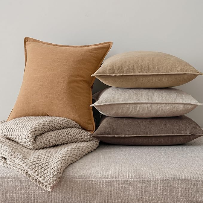 MIULEE Neutral Brown Linen Decorative Pillow Covers 16x16 Inch Pack of 4 | Natural Boho Fall Throw Pillow Covers, Soft AccentFarmhouse Couch Pillowcases, Modern Decor for Living Room Bed Sofa
