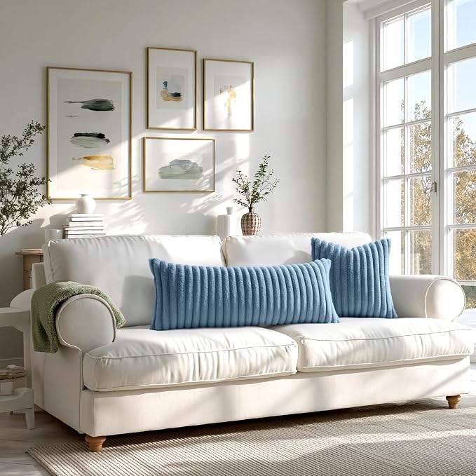 MIULEE Faux Fur Decorative Throw Pillow Covers 18x18 Set of 2 Grey Blue | Coastal Modern Soft Plush Couch Pillows, Cozy Fluffy Cushion Covers for Sofa Bed Living Room Home Decor