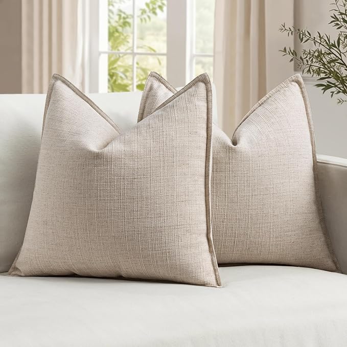 MIULEE Thick Textured Euro Sham Throw Pillow Covers 24x24 in Oatmeal Linen | Set of 2, Decorative Linen Blend Pillow Cover, Flange Edge Design, Farmhouse Modern Boho Style, Bed Couch Living Room Decor