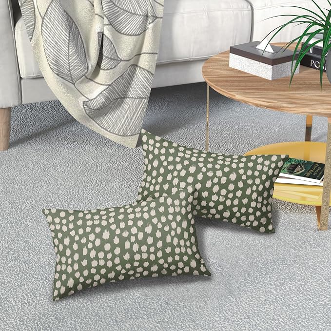 Dark Sage Green Cream Dots Lumbar Pillow Covers 12x20 Set of 2 Boho Design Polka Dot Print Throw Pillows Modern Outdoor Decorative Pillowcase Rectangle Linen Cushion Cases Decor for Sofa Couch Bed