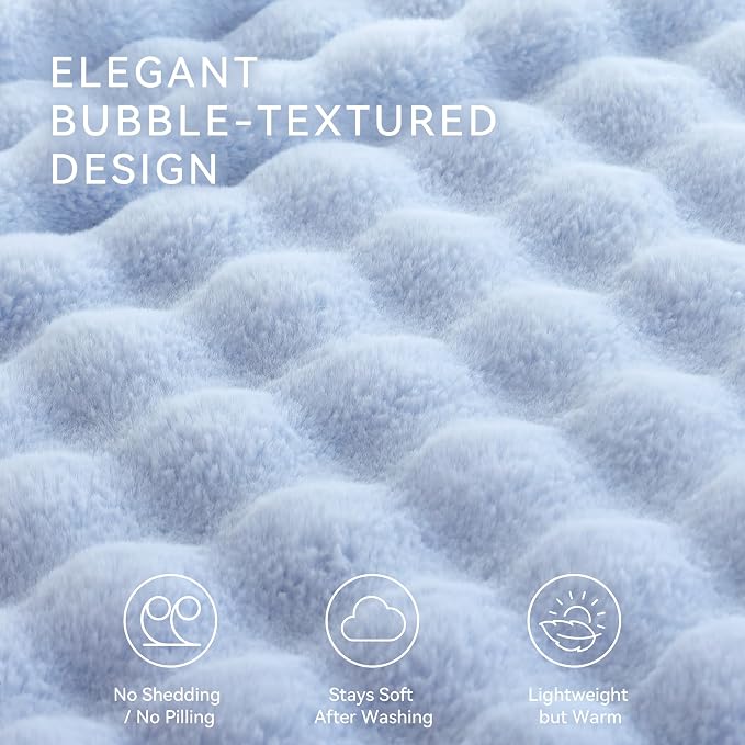 Faux Rabbit Fur Throw for Couch - Light Blue Bubble Blanket 50"x60" | Fluffy Plush Fuzzy Throw for Sofa & Bed, Super Soft Cozy Comfrt Blanket, Luxury Aesthetic Light Blue Decor Gift for Women