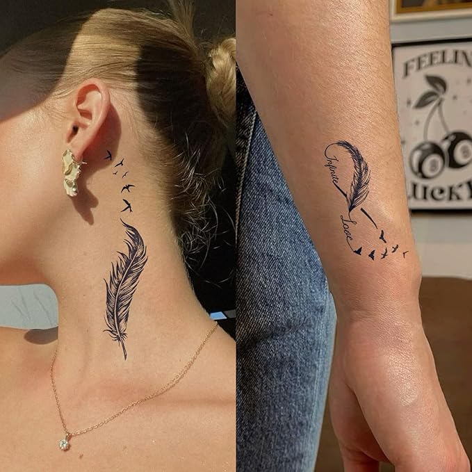 2 Sheets Long Lasting Feather Temporary Fake Tattoos For Women Arm Hand Neck,Airplane heart Semi Permanent Tattoo For Adults Girl,Realistic, Waterproof and Non-Reflective,Minimalist Design