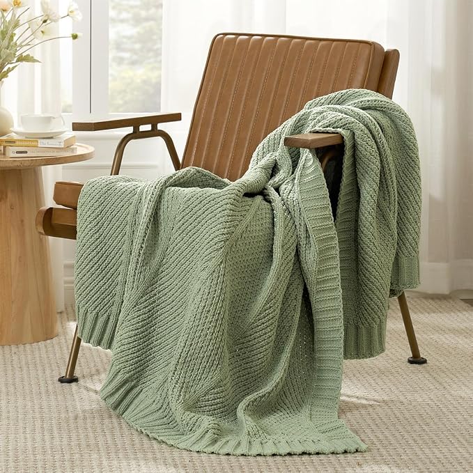 Knit Throw Blanket, Soft Chenille Cozy Breathable Chevron Chunky Decorative Blanket for Couch, Bed & Sofa, French-Inspired Lightweight Warm Gift for Women, Sage Green, 50"x60"