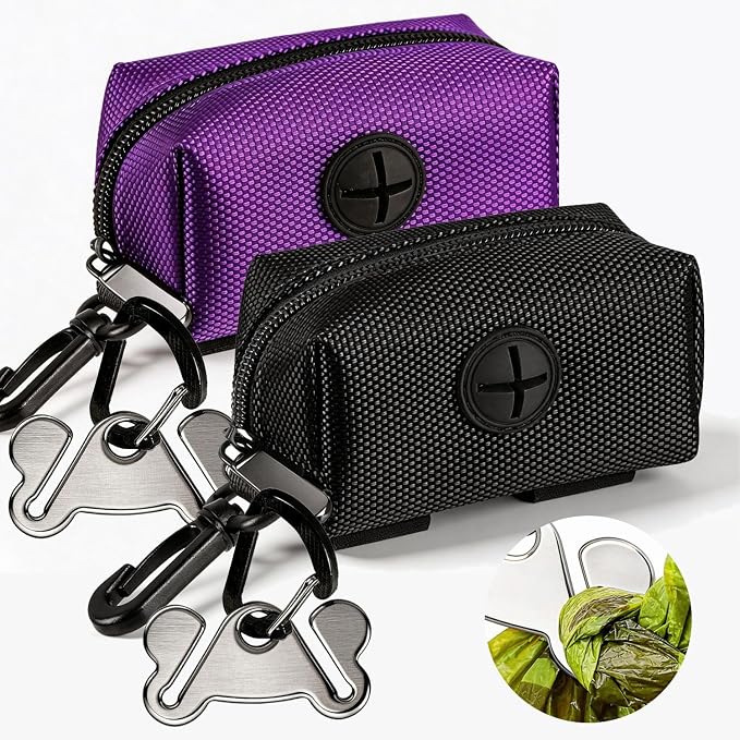 Dog Waste Bag Dispenser Pet Poop Bags Holder for Doggie Waste Bags Dispensers Soft Fabric Zipper Small Doggy Puppy Pouch for Leash Accessory Attachment with Carrier,2PCS Purple&Black