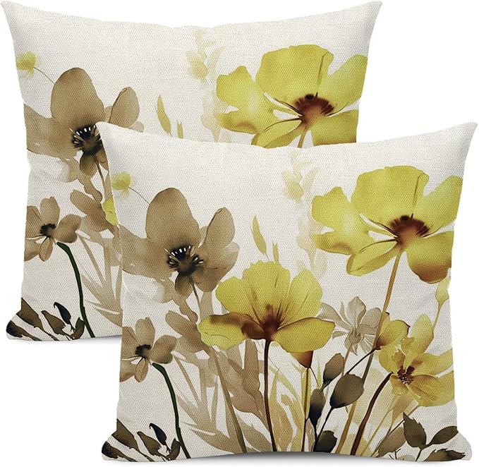 Spring Floral Pillow Covers 18x18 Inches Set of 2 Yellow Brown Floral Throw Pillow Covers Outdoor Rustic Summer Flower Decoration Pillowcase Farmhouse Decorative Cushion Cover for Couch Sofa