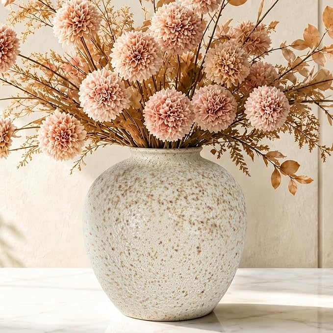Cream Ceramic Flower Vase Speckled Bubble Glaze Home Decor | 6.29 Inch Rustic Table Vase,Decorative Ornament for Living Room,Office,Wedding,Birthday