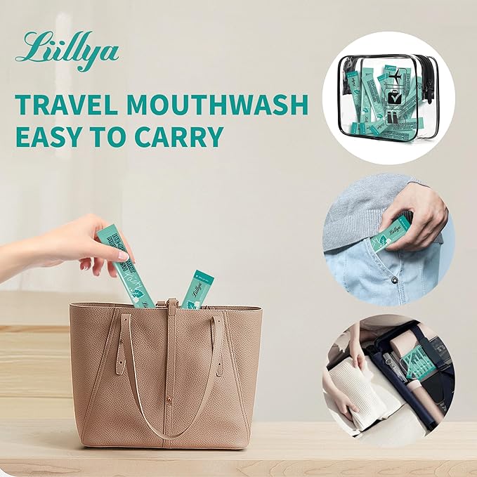 Liillya Mouthwash Travel Size, Individual Mini Mouthwash Alcohol Free, Cool Mint for Fresh Breath, Oral Care, Teeth & Gum Health, TSA Compliant, Portable Packets to Go, 0.41 Fl Oz x 20 Packs